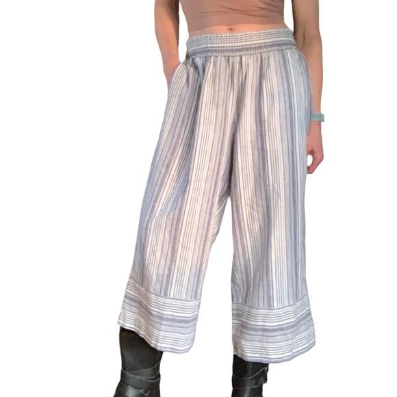 Land N Sea Blue White Linen Blend Strip Crop Wide Leg Nautical Pants Medium - Picture 2 of 8